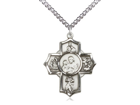 Firefighter's Sterling Silver 5-Way Cross Medal Pendant w/Sterling Curb Chain,