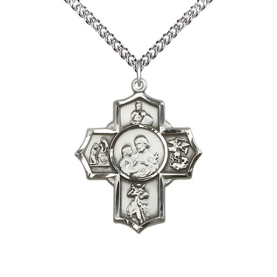 Firefighter's Sterling Silver 5-Way Cross Medal Pendant w/Sterling Sliver Curb Chain, Bliss Manufacturing