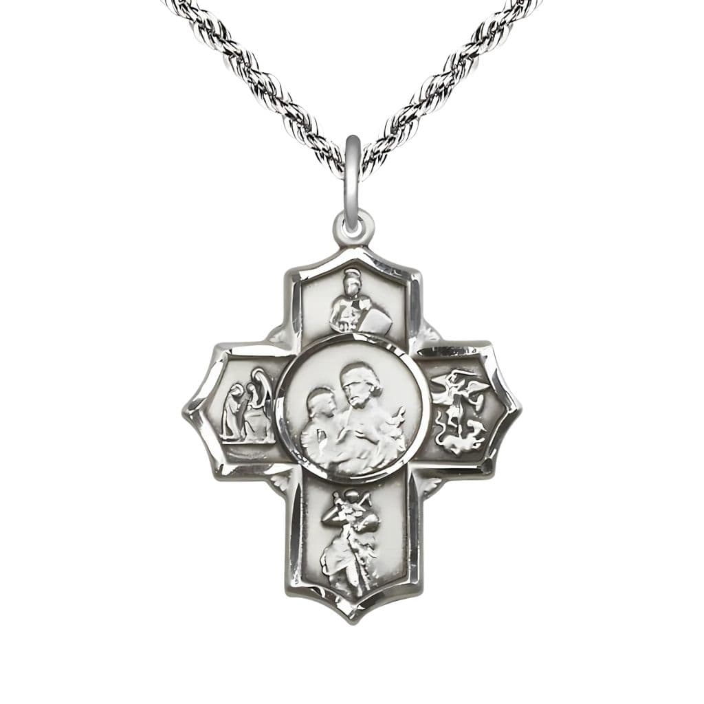 Firefighter's Sterling Silver 5-Way Cross Medal Pendant w/Plated French Rope Chain,