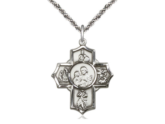 Firefighter's Sterling Silver 5-Way Cross Medal Pendant w/Sterling Rope Chain,