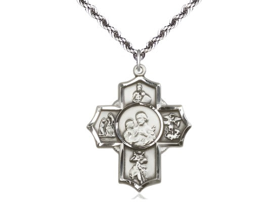 Firefighter's Sterling Silver 5-Way Cross Medal Pendant w/Plated French RopeChain,