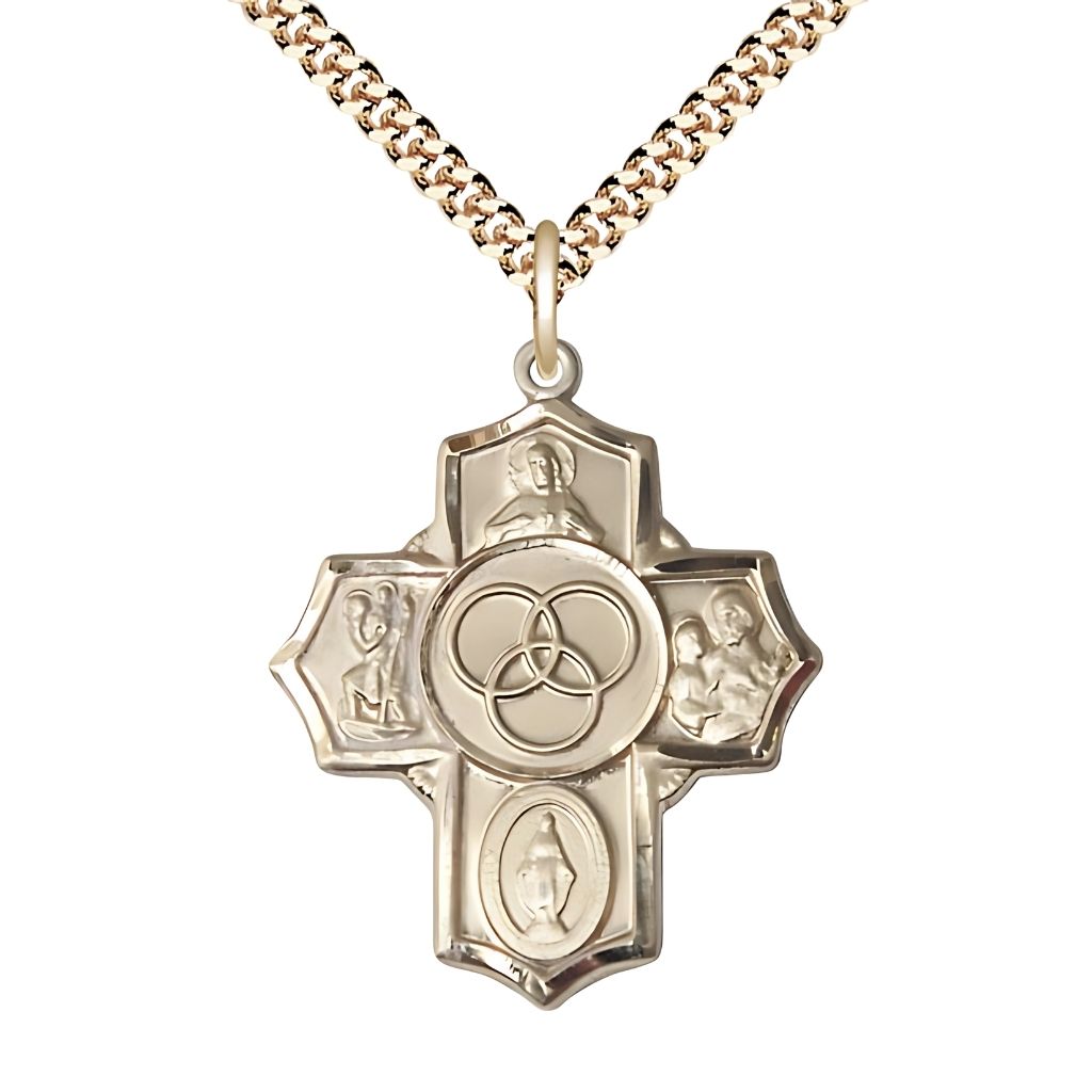 Bliss Blended Family 5-Way Cross 14kt Gold-filled Medal with a Gold-plated Chain,  Measures 1 1/4-inch tall by 1-inch wide,  Scapular, St. Christopher,  Miraculous, St. Joseph and New Family in the center.