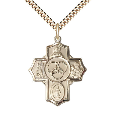 Blended Family 5-Way Cross 14kt Gold-filled Medal with a Gold-plated Chain, Measures 1 1/4-inch tall by 1-inch wide, Scapular, St. Christopher, Miraculous, St. Joseph and New, Bliss Manufacturing