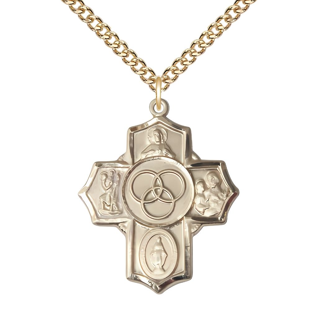 Bliss Blended Family 5-Way Cross 14kt Gold-filled Medal with a Gold-filled Chain,  Measures 1 1/4-inch tall by 1-inch wide,  Scapular, St. Christopher,  Miraculous, St. Joseph and New Family in the center.