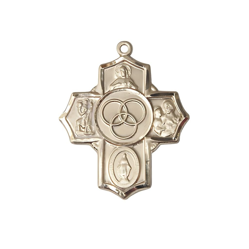 Bliss Blended Family 5-Way Cross 14kt Gold Medal,  Measures 1 1/4-inch tall by 1-inch wide,  Scapular, St. Christopher,  Miraculous, St. Joseph and New Family in the center.