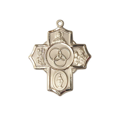 Blended Family 5-Way Cross 14kt Gold Medal, Measures 1 1/4-inch tall by 1-inch wide, Scapular, St. Christopher, Miraculous, St. Joseph and New Family in the center, Bliss Manufacturing
