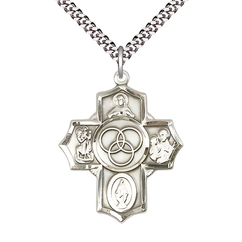 Bliss Blended Family 5-Way Cross Pewter Medal with Plated Chain features Scapular, St. Christopher, Miraculous St. Joseph and New Family in the center.
