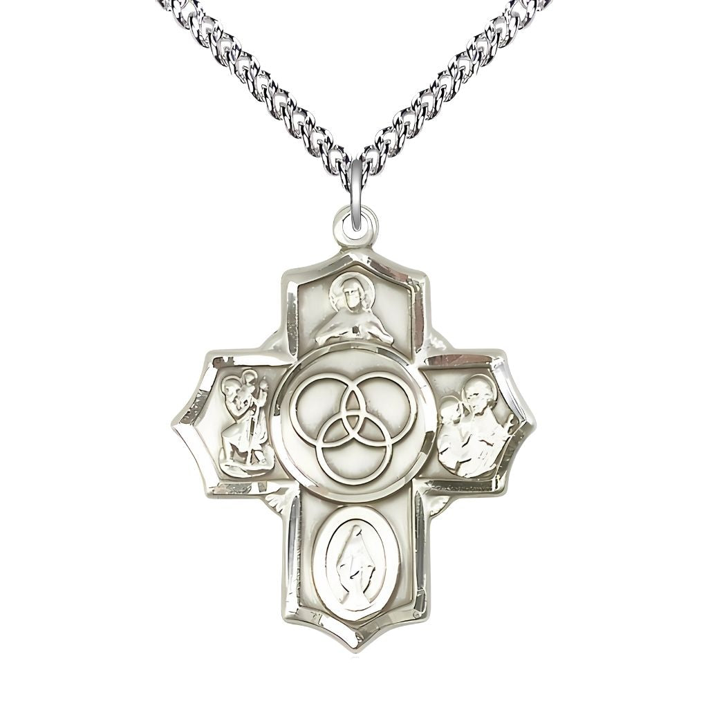 Bliss Blended Family 5-Way Cross Sterling Silver Medal with a Sterling Chain,  Measures 1 1/4-inch tall by 1-inch wide,  Scapular, St. Christopher,  Miraculous, St. Joseph and New Family in the center.