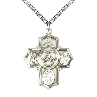 Blended Family 5-Way Cross Sterling Silver Medal with a Sterling Chain, Measures 1 1/4-inch tall by 1-inch wide, Scapular, St. Christopher, Miraculous, St. Joseph and New Family, Bliss Manufacturing