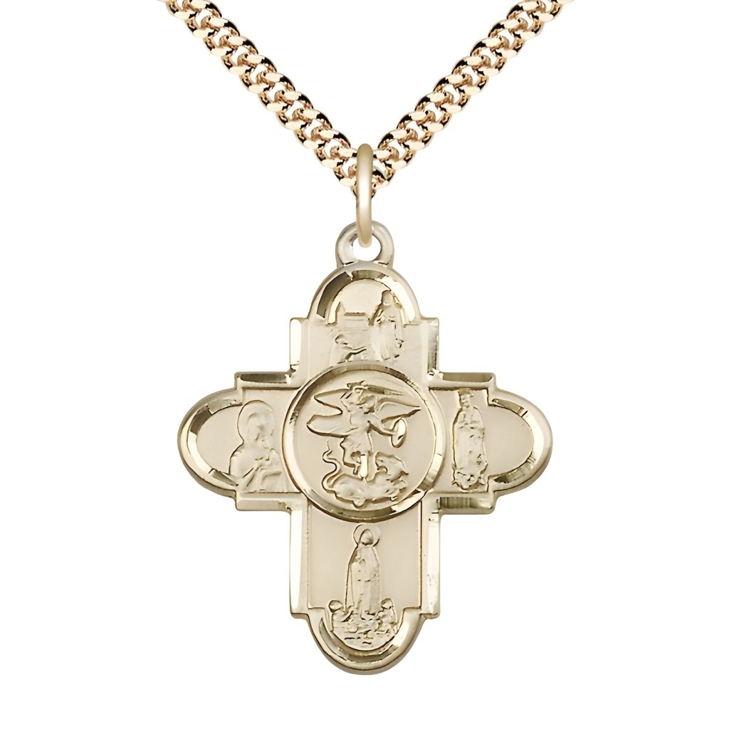 Our Lady and St. Michael 14kt Gold-filled 5-Way Cross Medal Pendant with Gold-plated Chain,  Measures 1 1/4-inch tall by 1-inch wide. features Our Lady of Lourdes, Our Lady of Perpetual Help, Our Lady of Fatima, Our Lady of Guadalupe and Saint Michael in the center.