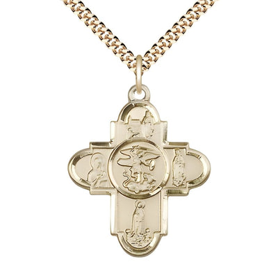 Our Lady and St. Michael 14kt Gold-filled 5-Way Cross Medal Pendant with Gold-plated Chain, Measures 1 1/4-inch tall by 1-inch wide. features Our Lady of Lourdes, Our Lady, Bliss Manufacturing
