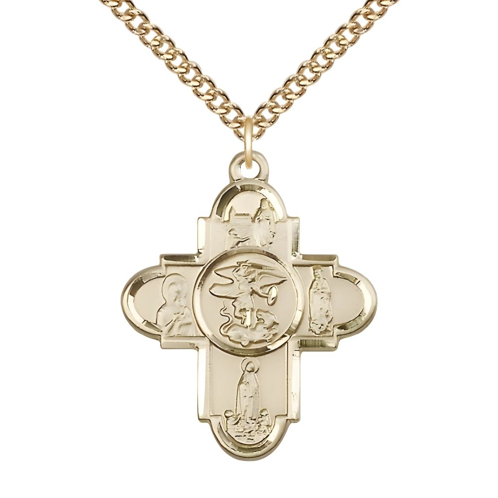Our Lady and St. Michael 14kt Gold-filled 5-Way Cross Medal Pendant with Gold-filled Chain,  Measures 1 1/4-inch tall by 1-inch wide. features Our Lady of Lourdes, Our Lady of Perpetual Help, Our Lady of Fatima, Our Lady of Guadalupe and Saint Michael in the center.