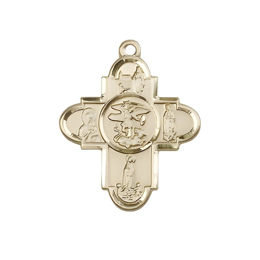 Our Lady and St. Michael 14kt Gold 5-Way Cross Medal Pendant,  Measures 1 1/4-inch tall by 1-inch wide. features Our Lady of Lourdes, Our Lady of Perpetual Help, Our Lady of Fatima, Our Lady of Guadalupe and Saint Michael in the center.