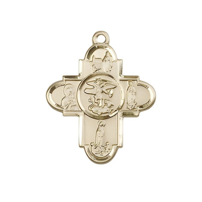 Our Lady and St. Michael 14kt Gold 5-Way Cross Medal Pendant, Measures 1 1/4-inch tall by 1-inch wide. features Our Lady of Lourdes, Our Lady of Perpetual Help, Our Lady, Bliss Manufacturing