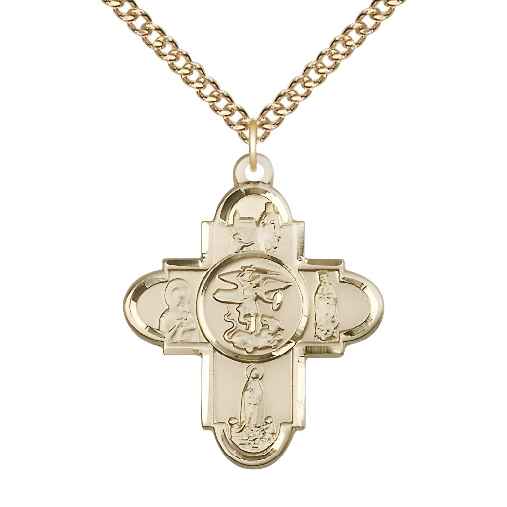 Our Lady and St. Michael 14kt Gold 5-Way Cross Medal Pendant with 14kt Gold Chain,  Measures 1 1/4-inch tall by 1-inch wide. features Our Lady of Lourdes, Our Lady of Perpetual Help, Our Lady of Fatima, Our Lady of Guadalupe and Saint Michael in the center.