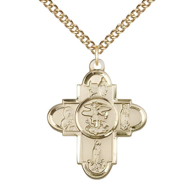 Our Lady and St. Michael 14kt Gold 5-Way Cross Medal Pendant, Measures 1 1/4-inch tall by 1-inch wide. features Our Lady of Lourdes, Our Lady of Perpetual Help, Our Lady, Bliss Manufacturing