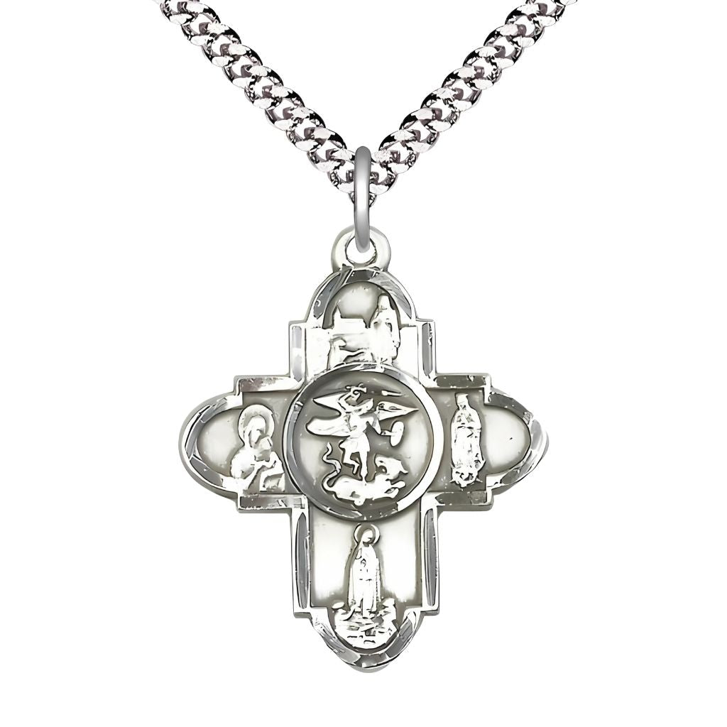 Our Lady and St. Michael Pewter 5-Way Cross Medal Pendant with Plated Chain,  Measures 1 1/4-inch tall by 1-inch wide. features Our Lady of Lourdes, Our Lady of Perpetual Help, Our Lady of Fatima, Our Lady of Guadalupe and Saint Michael in the center.
