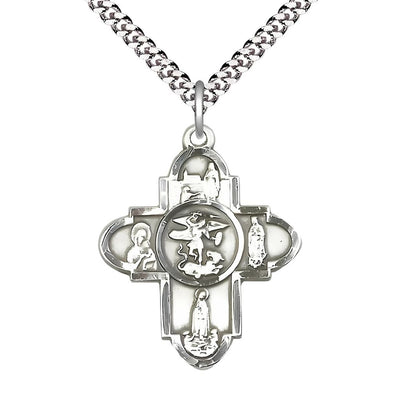 Our Lady and St. Michael Pewter 5-Way Cross Medal Pendant with Plated Chain, Measures 1 1/4-inch tall by 1-inch wide. features Our Lady of Lourdes, Our Lady of Perpetual Help, Our, Bliss Manufacturing