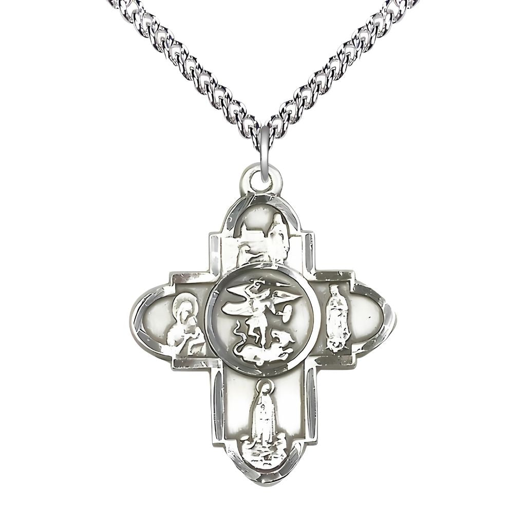 Our Lady and St. Michael Sterling Silver 5-Way Cross Medal Pendant with Sterling Chain,  Measures 1 1/4-inch tall by 1-inch wide. features Our Lady of Lourdes, Our Lady of Perpetual Help, Our Lady of Fatima, Our Lady of Guadalupe and Saint Michael in the center.