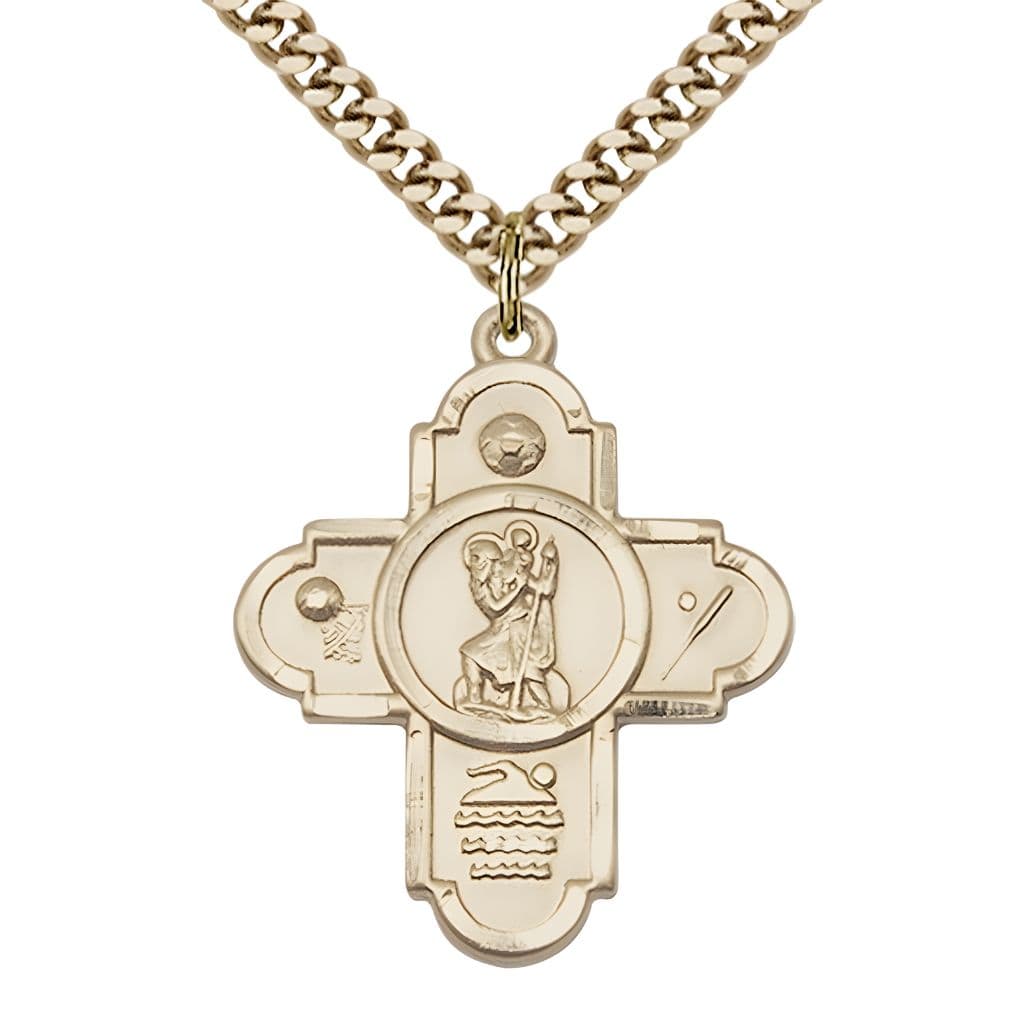 Bliss St. Christopher Sport 5-Way Cross 14kt Gold-filled Medal with Chain, Measures 1 1/8-inch tall by 7/8-inch wide, Soccer, Basketball, Swimming, and Baseball, all surrounding St Christopher,