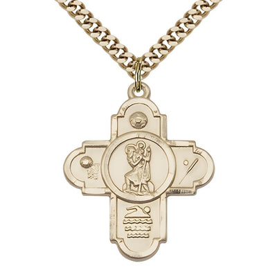 St. Christopher Sport 5-Way Cross 14kt Gold-filled Medal with Chain, Measures 1 1/8-inch tall by 7/8-inch wide, Soccer, Basketball, Swimming, and Baseball, all surrounding St, Bliss Manufacturing