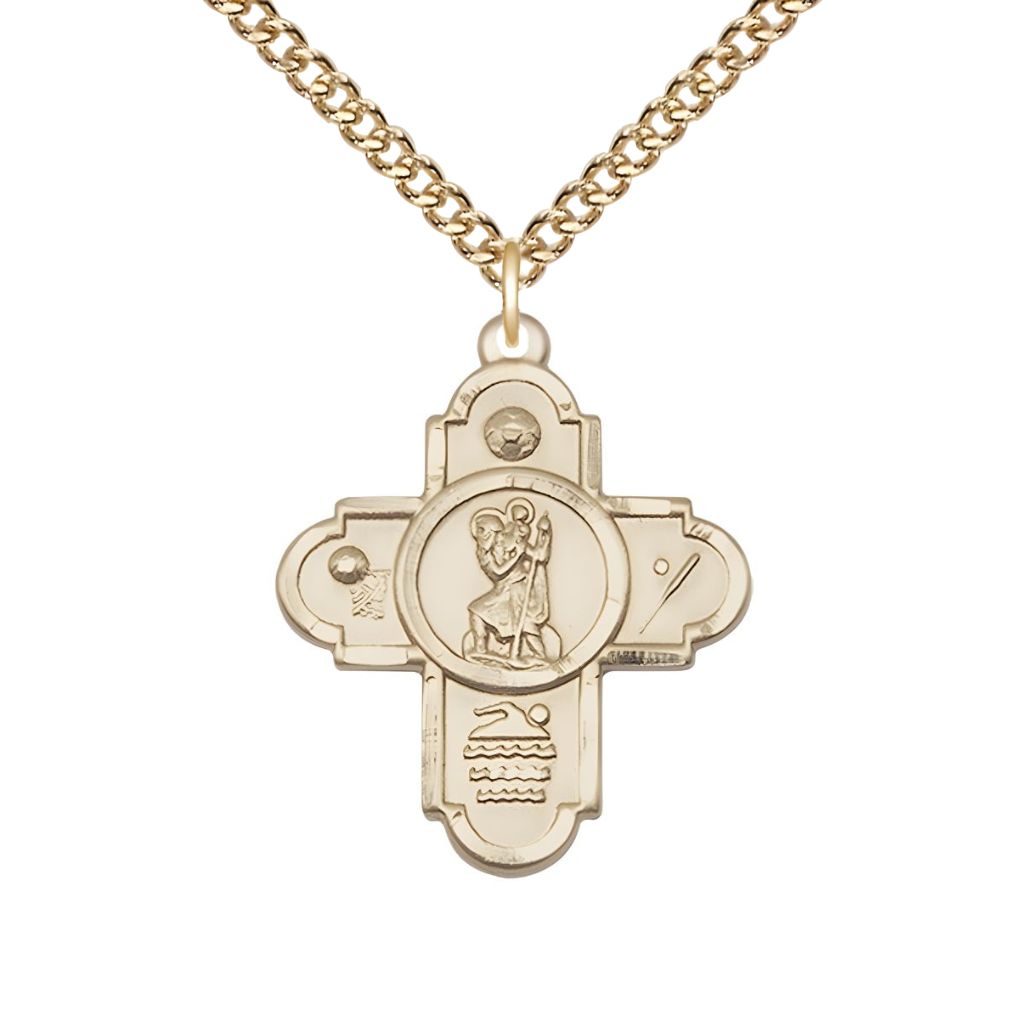 Bliss St. Christopher Sport 5-Way Cross 14kt Gold-filled Medal with Gold-filled Chain, Measures 1 1/8-inch tall by 7/8-inch wide, Soccer, Basketball, Swimming, and Baseball, all surrounding St Christopher,