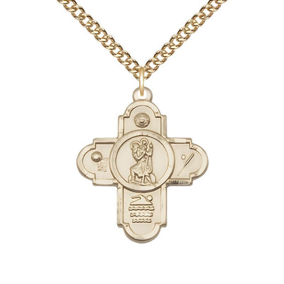St. Christopher Sport 5-Way Cross 14kt Gold-filled Medal with Gold-filled Chain, Measures 1 1/8-inch tall by 7/8-inch wide, Soccer, Basketball, Swimming, and Baseball, all, Bliss Manufacturing