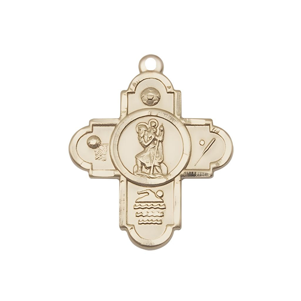 Bliss St. Christopher Sport 5-Way Cross 14kt Gold Medal, Measures 1 1/8-inch tall by 7/8-inch wide, Soccer, Basketball, Swimming, and Baseball, all surrounding St Christopher,