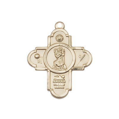 St. Christopher Sport 5-Way Cross 14kt Gold Medal, Measures 1 1/8-inch tall by 7/8-inch wide, Soccer, Basketball, Swimming, and Baseball, all surrounding St Christopher, Bliss Manufacturing
