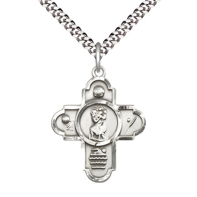 St. Christopher Sport 5-Way Cross Pewter Medal with Chain, Measures 1 1/8-inch tall by 7/8-inch wide, Soccer, Basketball, Swimming, and Baseball, all surrounding St Christopher, Bliss Manufacturing