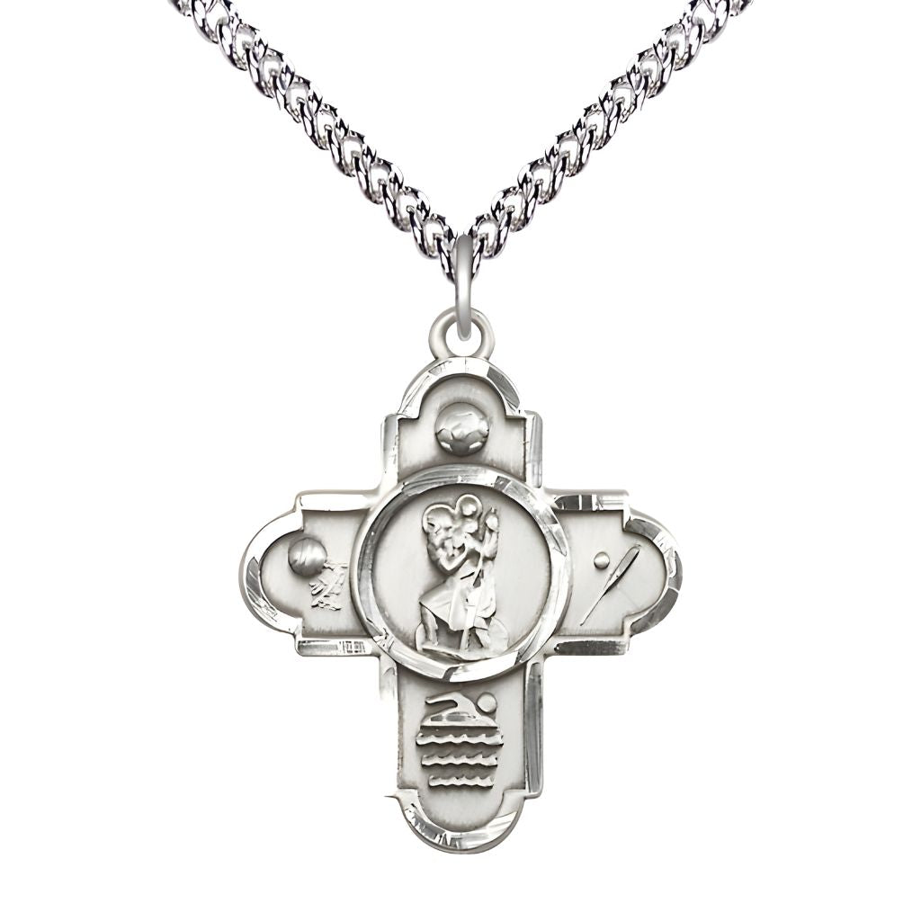 Bliss St. Christopher Sport 5-Way Cross Sterling Silver Medal with Sterling Chain, Measures 1 1/8-inch tall by 7/8-inch wide, Soccer, Basketball, Swimming, and Baseball, all surrounding St Christopher,