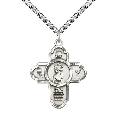St. Christopher Sport 5-Way Cross Sterling Silver Medal with Sterling Chain, Measures 1 1/8-inch tall by 7/8-inch wide, Soccer, Basketball, Swimming, and Baseball, all surrounding, Bliss Manufacturing