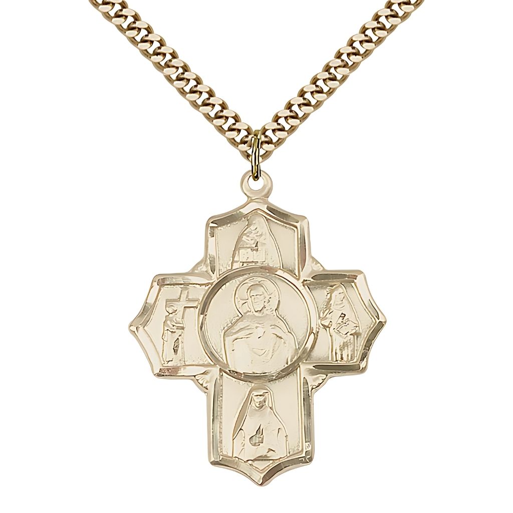 Sacred Heart Scapular Irish 5-Way Cross 14kt Gold-plated Medal with Gold-plated Chain, St. Teresa of Avila, St. John of the Cross, St. Edith Stein, St. Theresa and Scapular in the center.