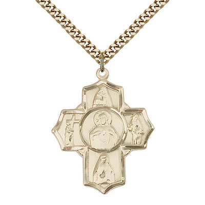 Sacred Heart Scapular Irish 5-Way Cross 14kt Gold-plated Medal with Gold-plated Chain, St. Teresa of Avila, St. John of the Cross, St. Edith Stein, St. Theresa and Scapular, Bliss Manufacturing