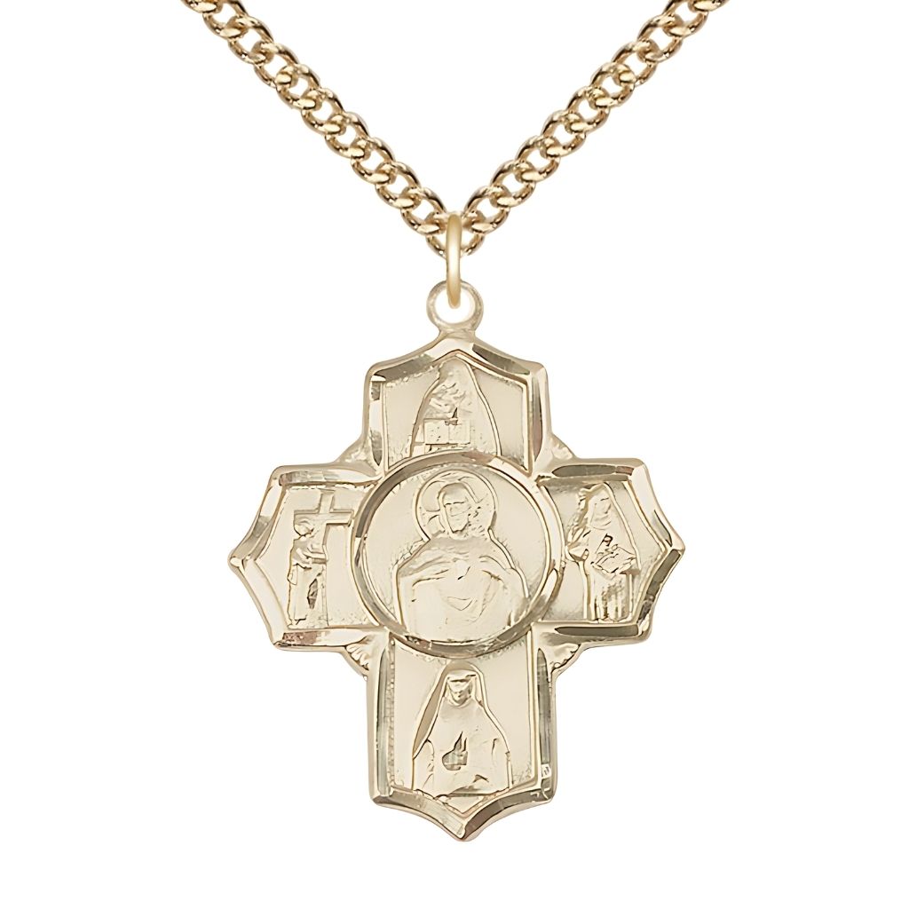 Sacred Heart Scapular Irish 5-Way Cross 14kt Gold-filled Medal with Gold-plated Chain, St. Teresa of Avila, St. John of the Cross, St. Edith Stein, St. Theresa and Scapular in the center.