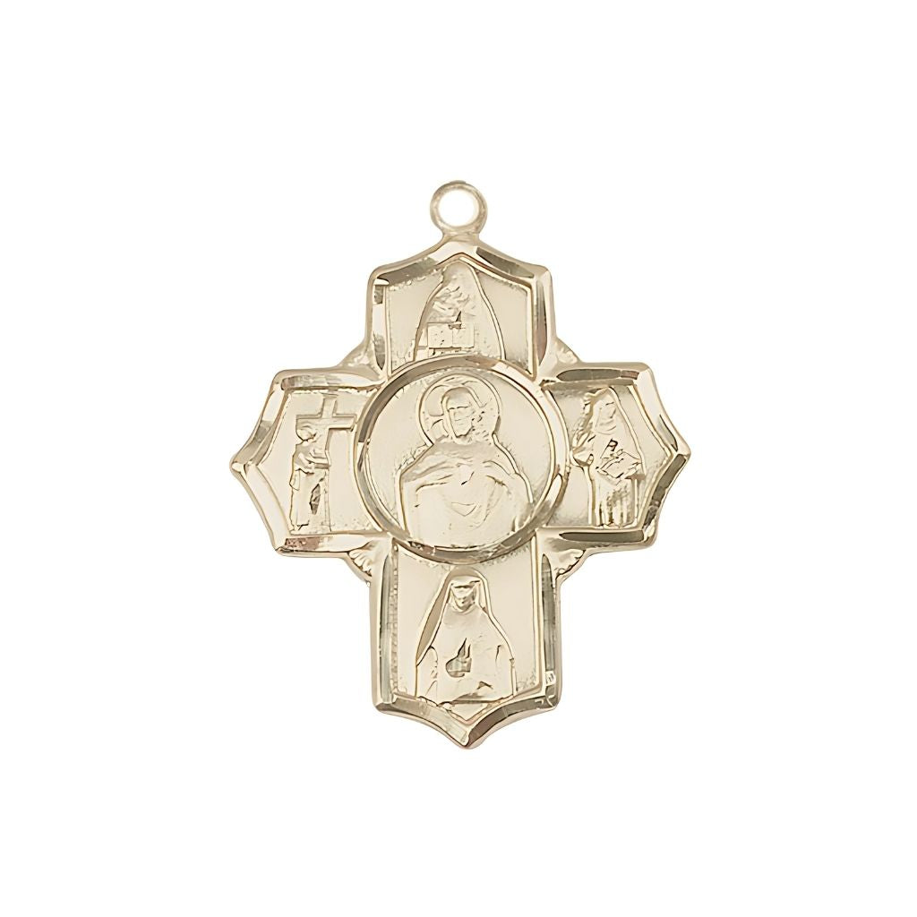 Sacred Heart Scapular Irish 5-Way Cross 14kt Gold Medal, St. Teresa of Avila, St. John of the Cross, St. Edith Stein, St. Theresa and Scapular in the center.