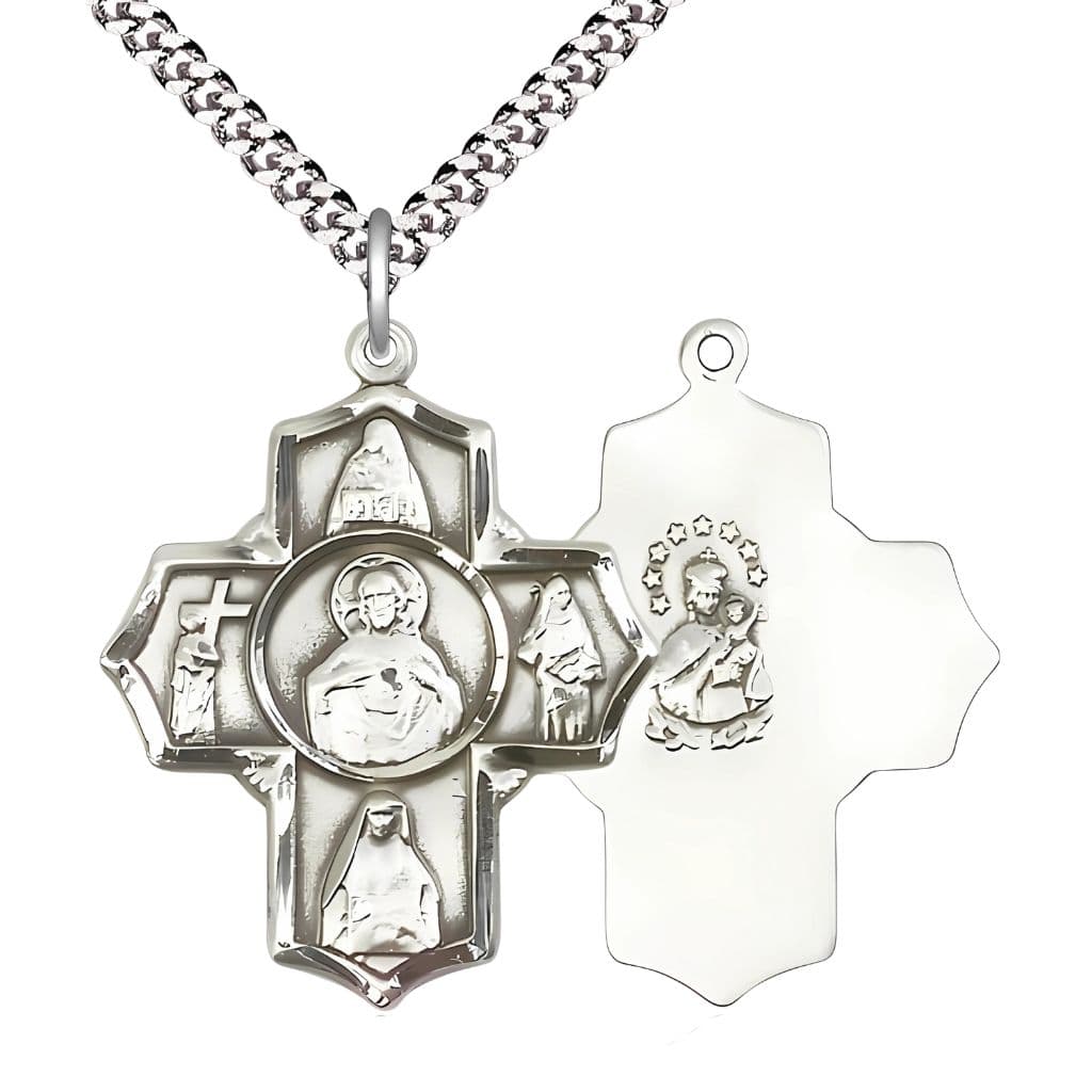 Sacred Heart Scapular Irish 5-Way Cross Pewter Medal with Plated Chain, St. Teresa of Avila, St. John of the Cross, St. Edith Stein, St. Theresa and Scapular in the center.