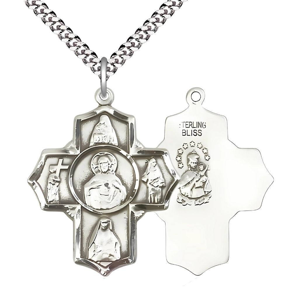 Sacred Heart Scapular Irish 5-Way Cross Sterling Silver Medal with Plated Chain, St. Teresa of Avila, St. John of the Cross, St. Edith Stein, St. Theresa and Scapular in the center.