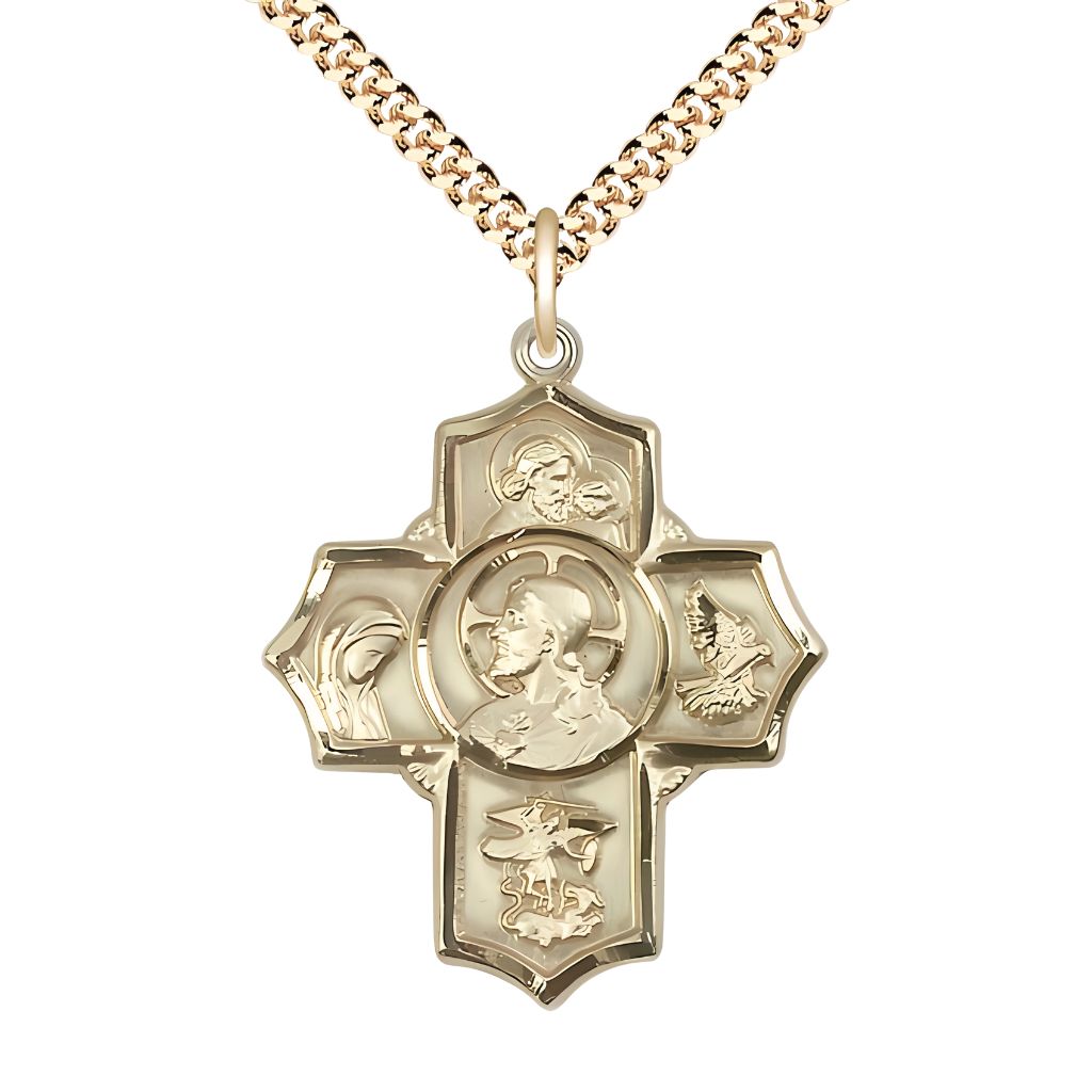 Bliss Sacred Heart of Jesus 5-Way Cross Gold-filled Medal with a Gold=plated Chain,  Measures 1 1/4-inch tall by 1-inch wide,  St. Anthony of Padua, St. Madeline Sophie Barat, St. Michael, Holy Spirit and Sacred Heart in the center.
