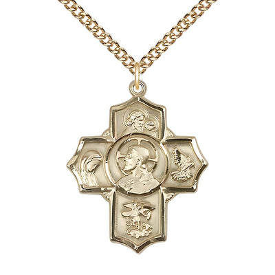 Sacred Heart of Jesus 5-Way Cross Gold-filled Medal with a Gold=filled Chain, Measures 1 1/4-inch tall by 1-inch wide, St. Anthony of Padua, St. Madeline Sophie Barat, St, Bliss Manufacturing