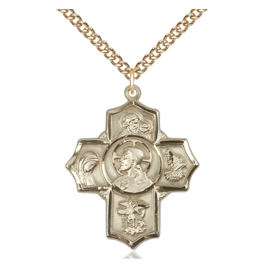 Bliss 14kt Gold Filled Sacred Heart 5-Way Pendant on a 24 inch Gold-plated Heavy Curb Chain,