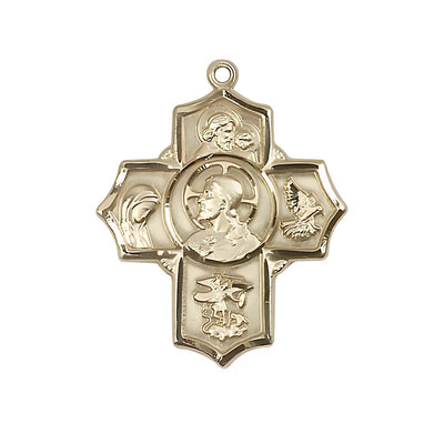 Sacred Heart of Jesus 5-Way Cross 14kt Gold Medal, Measures 1 1/4-inch tall by 1-inch wide, St. Anthony of Padua, St. Madeline Sophie Barat, St. Michael, Holy Spirit and Sacred, Bliss Manufacturing