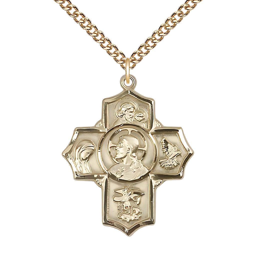 Bliss Sacred Heart of Jesus 5-Way Cross 14kt Gold Medal with a 14kt Gold Chain,  Measures 1 1/4-inch tall by 1-inch wide,  St. Anthony of Padua, St. Madeline Sophie Barat, St. Michael, Holy Spirit and Sacred Heart in the center.