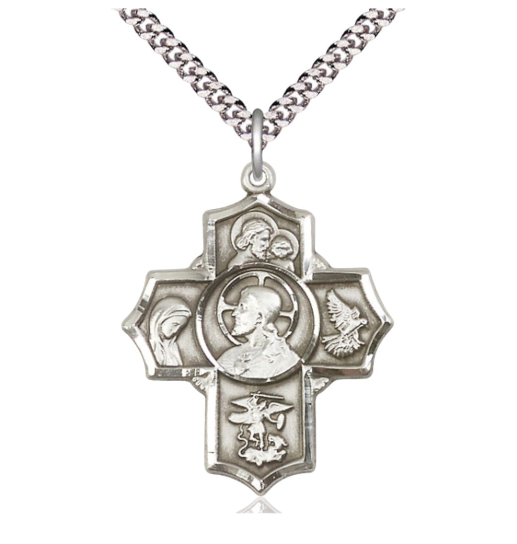 Bliss Sterling Silver Sacred Heart 5-Way Pendant on a 24 inch Light Rhodium Heavy Curb Chain,