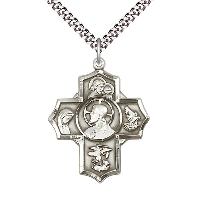 Sacred Heart of Jesus 5-Way Cross Sterling Silver Medal with a Plated Chain, Measures 1 1/4-inch tall by 1-inch wide, St. Anthony of Padua, St. Madeline Sophie Barat, St. Michael, Bliss Manufacturing