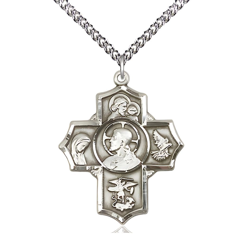 Bliss Sacred Heart of Jesus 5-Way Cross Sterling Silver Medal with a Sterling Chain,  Measures 1 1/4-inch tall by 1-inch wide,  St. Anthony of Padua, St. Madeline Sophie Barat, St. Michael, Holy Spirit and Sacred Heart in the center.