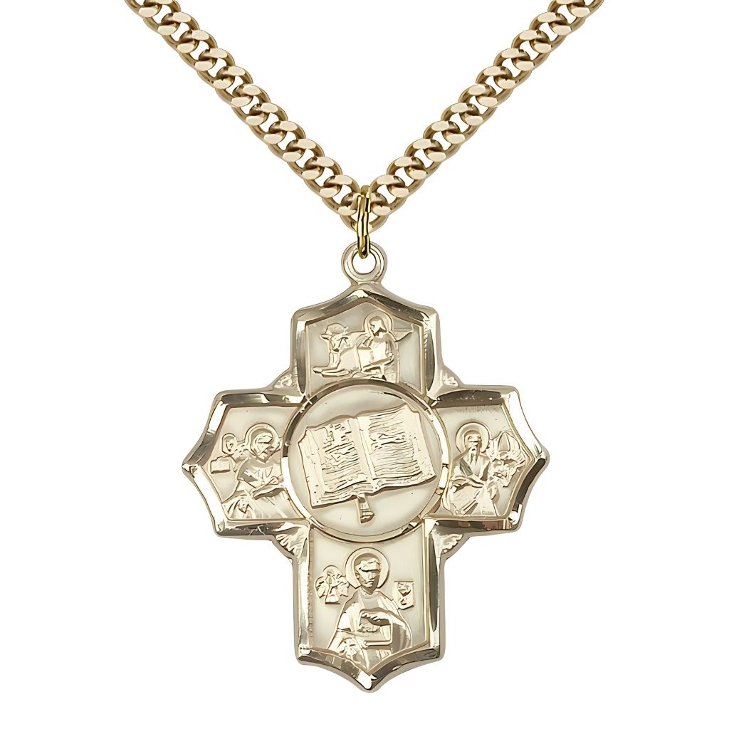 Bliss Apostle 5-Way Cross 14kt Gold-filled Medal with a Gold-plated Chain,  Measures 1 1/4-inch tall by 1-inch wide, St. Mark, St. John the Apostle, St. Luke, St. Matthew and Bible in the center.