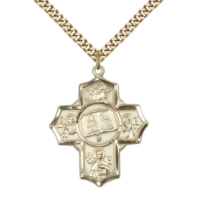 Apostle 5-Way Cross 14kt Gold-filled Medal with a Gold-plated Chain, Measures 1 1/4-inch tall by 1-inch wide, St. Mark, St. John the Apostle, St. Luke, St. Matthew and Bible, Bliss Manufacturing