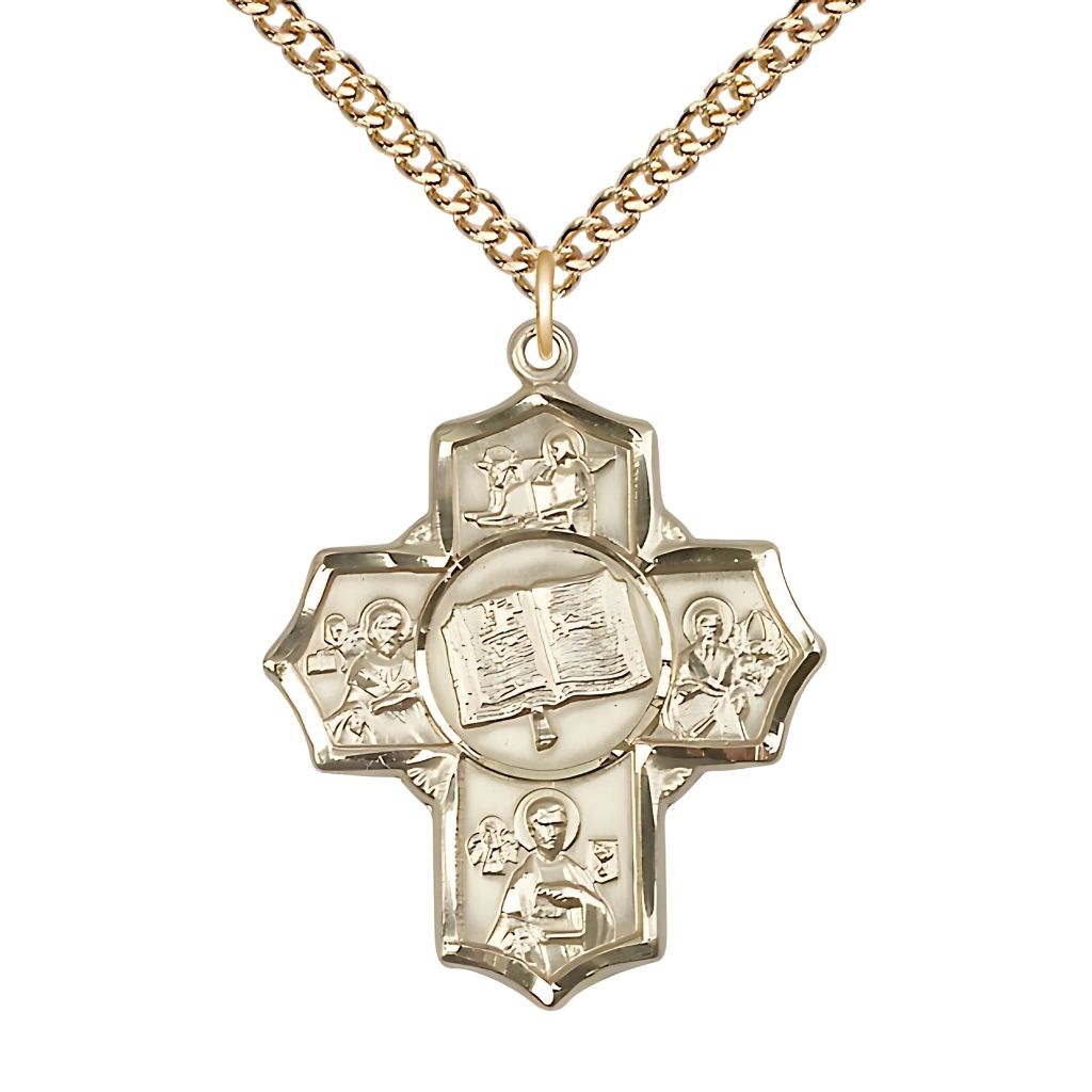 Bliss Apostle 5-Way Cross 14kt Gold-filled Medal with a Gold-filled Chain,  Measures 1 1/4-inch tall by 1-inch wide, St. Mark, St. John the Apostle, St. Luke, St. Matthew and Bible in the center.