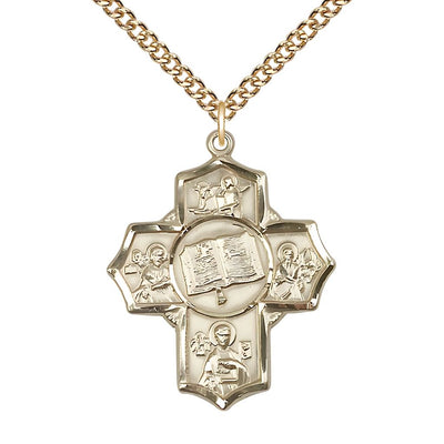 Apostle 5-Way Cross 14kt Gold-filled Medal with a Gold-filled Chain, Measures 1 1/4-inch tall by 1-inch wide, St. Mark, St. John the Apostle, St. Luke, St. Matthew and Bible, Bliss Manufacturing